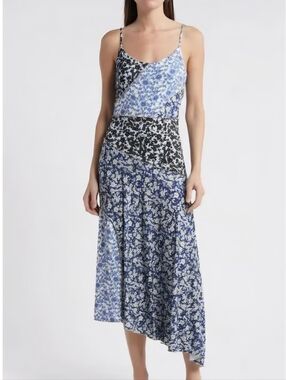MANGO MNG Blue Mixed Floral Asymmetric Slip Midi Dress Sz XL